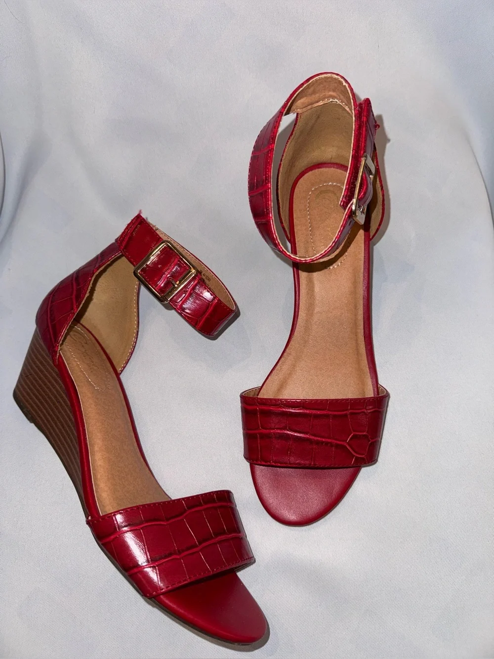 Comfort 1946 Sandals for Women Red Croc-Embossed Look Ankle Strap Wedge Sandals